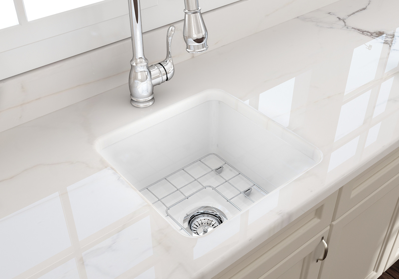 BOCCHI 1359-001-0120 White Fireclay Kitchen Sink with Grid and Strainer