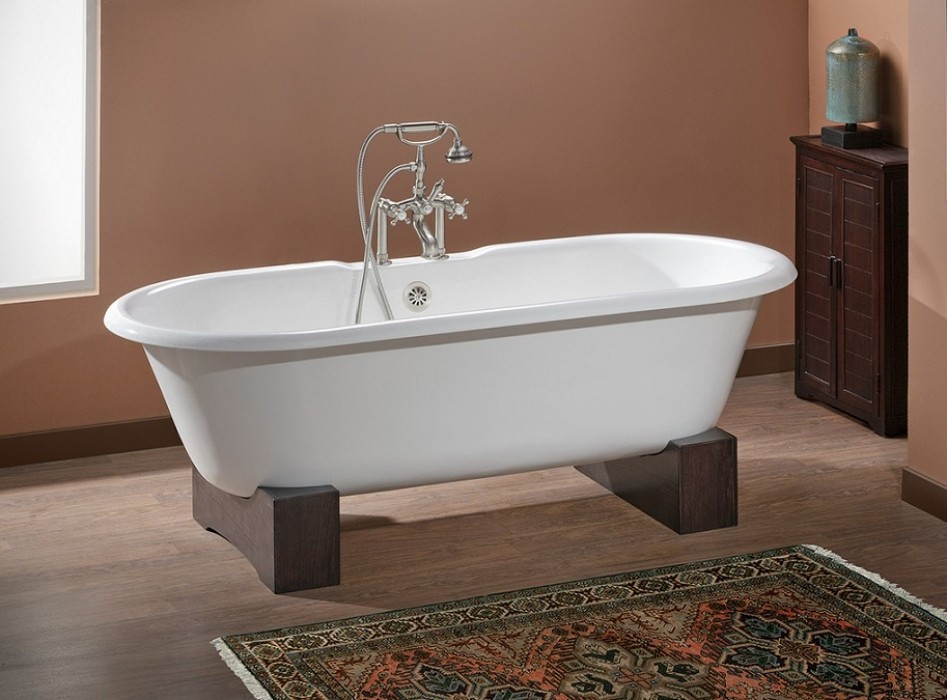 Cheviot 2130-WW-8 Wooden Base Bathtub in White with Flat Area on Rim and 8" Drilling