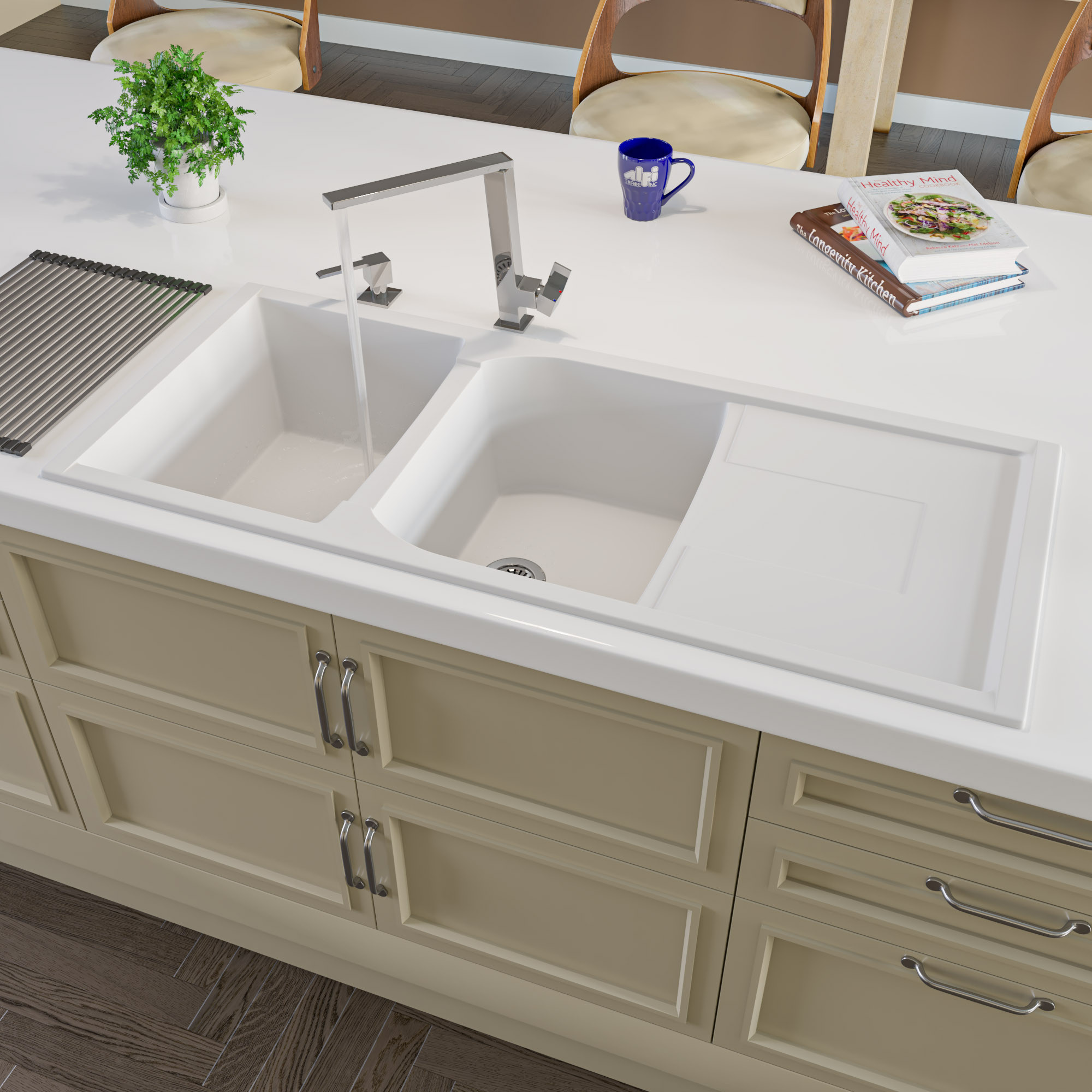 ALFI brand AB4620DI-W White Granite Composite Kitchen Sink with Drainboard