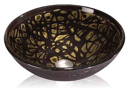 Lenova GV41 Round Black Glass Vessel With Gold Designs Inside The Bowl