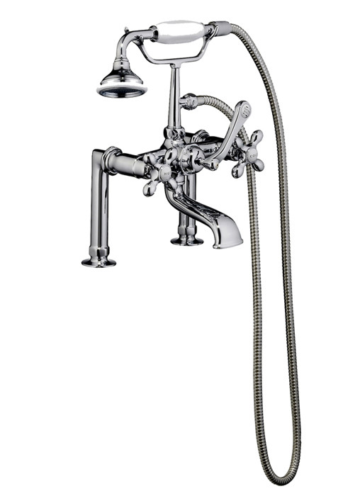 Elephant Spout Hand Held Shower With 6" Elbow Mounts Cross Handles Tub Fillers In Polished Chrome