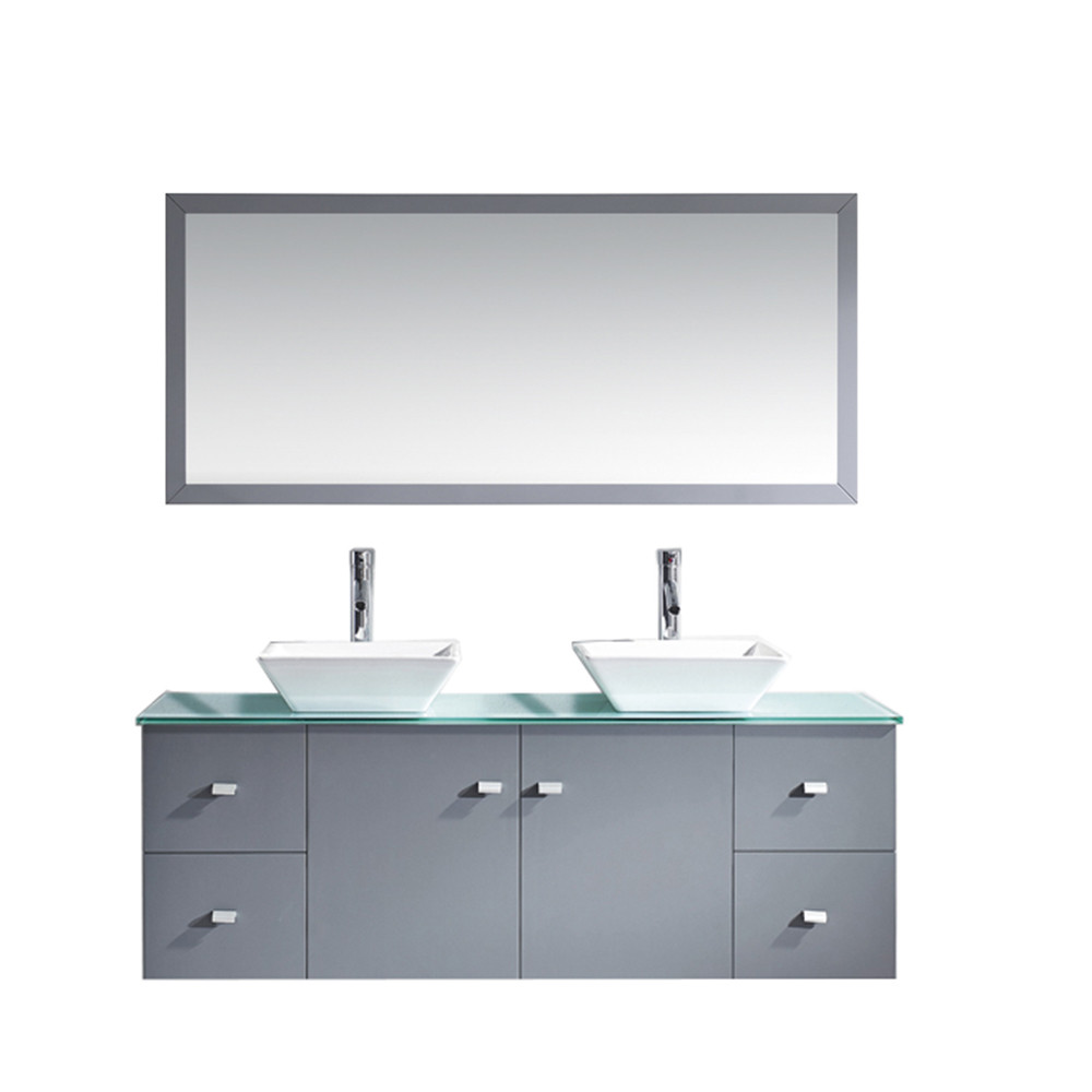Virtu MD-435-G-GR-001 Clarissa 61 Inch Double Bathroom Vanity Set In Grey With Tempered Glass Top