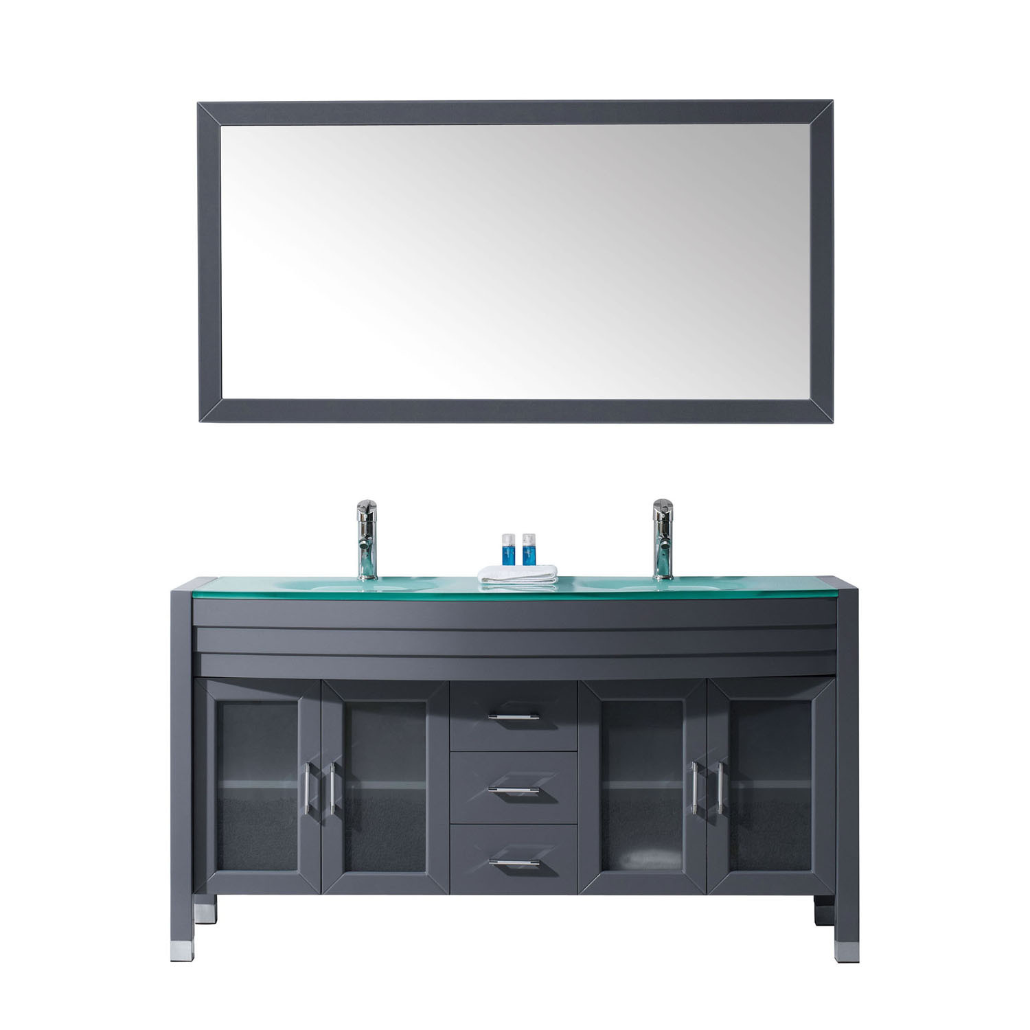 Virtu MD-499-G-GR Ava 63 Inch Double Bathroom Vanity Set In Grey With Tempered Glass Top