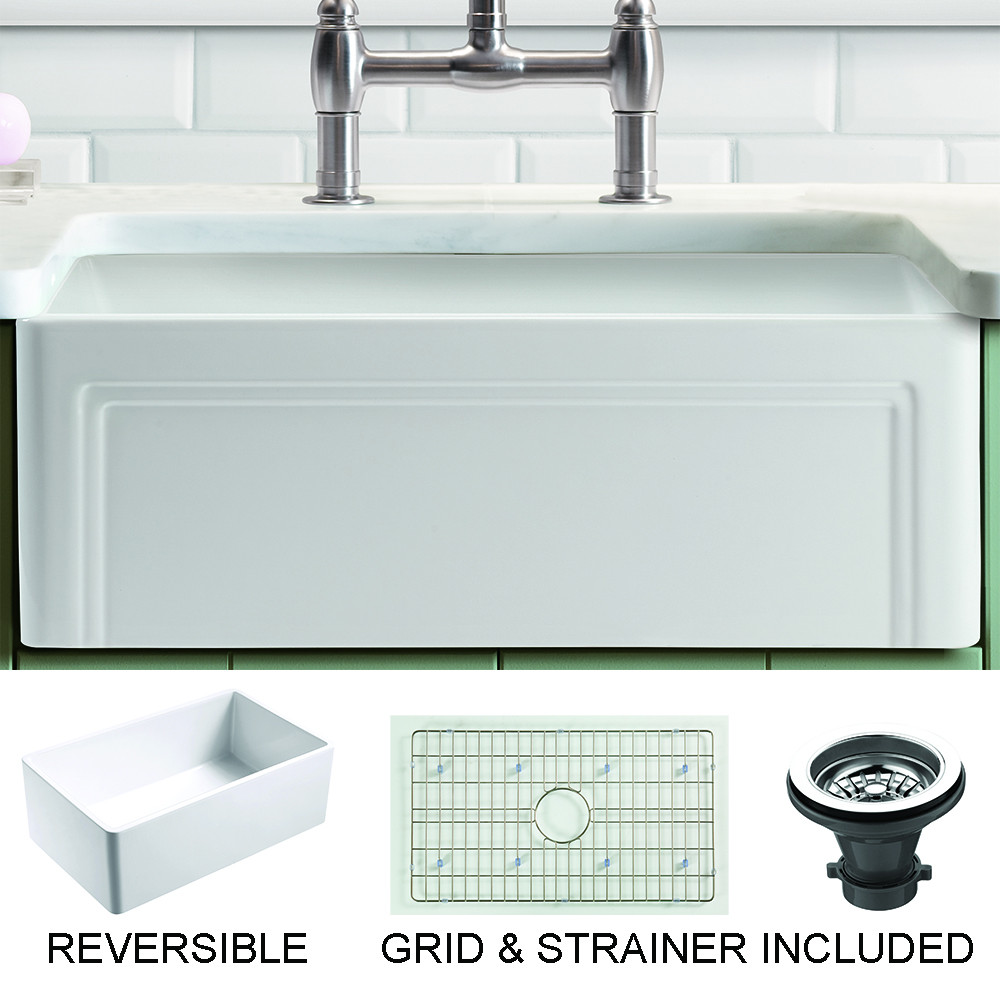 Empire OL30G 30 Inch Reversible Fireclay Kitchen Farm Sink and Grid - Concave Side