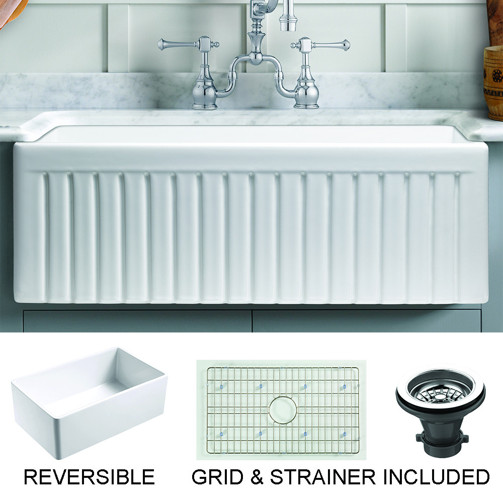 Empire SP30G 30 x 18 Inch Fluted Edge Front Fireclay Farmhouse Single Bowl Kitchen Sink and Grid