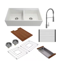BOCCHI 1348-001-2020CH Step-Rim Apron Front Fireclay 36" 2 Bowl Kitchen Sink Kit