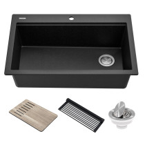 Kraus KGTW2-33MBL Metallic Black Granite Composite Single Bowl Kitchen Sink with Accessories