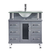 Virtu MS-32-FG-GR Vincente 32 Inch Single Bathroom Vanity Set In Grey With Frosted Glass Top